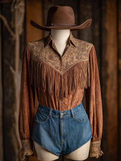 Women's Western Vintage Tassel Floral Print Western Long Sleeve Shirt