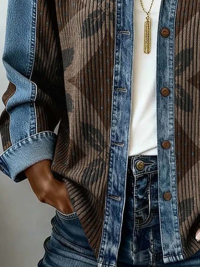 Women'S Casual Lapel Printed Color-Block Spliced Shirt
