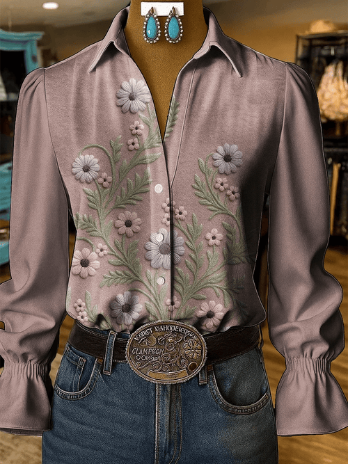 Women's Western Retro Flowers Printed Shirt