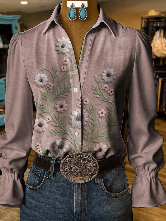 Women's Western Retro Flowers Printed Shirt