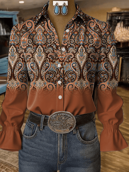 Women's Western Vintage Art Floral Print Shirt