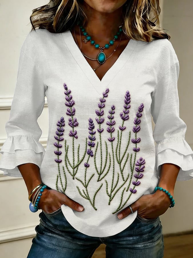 Women's Retro Floral Print Casual V-Neck Ruffle Shirt