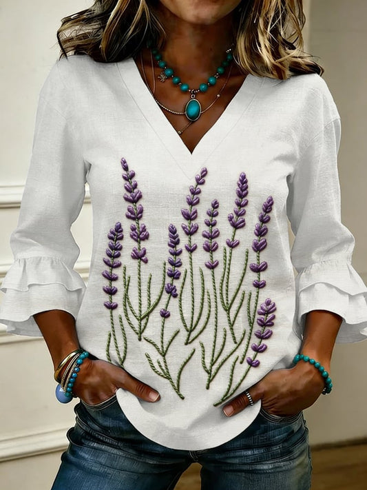Women's Retro Floral Print Casual V-Neck Ruffle Shirt