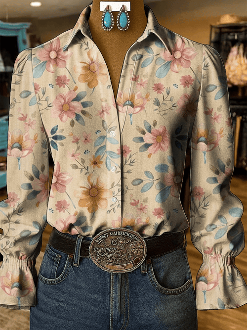 Women's Western Retro Flowers Printed Shirt