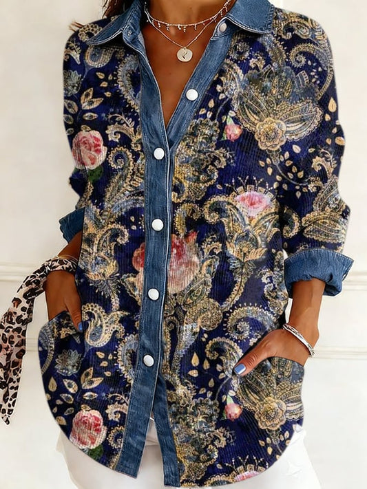 Women's casual retro Western floral waffle-knit shirt