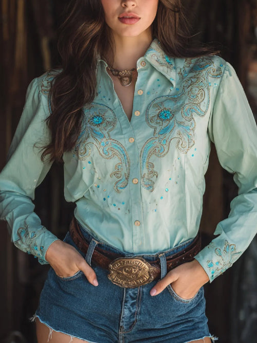 Women's Western Retro Light Green Gradient Imitation Embroidery Textured Print Shirt