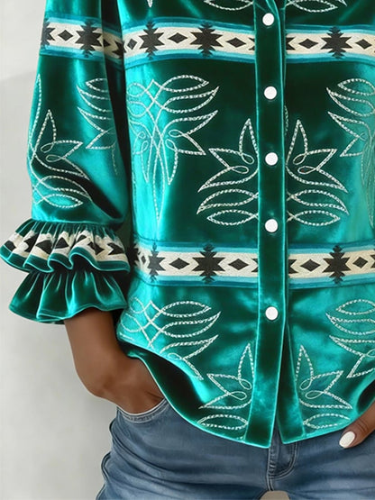 Women'S Casual Lapel Printed Velvet Shirt