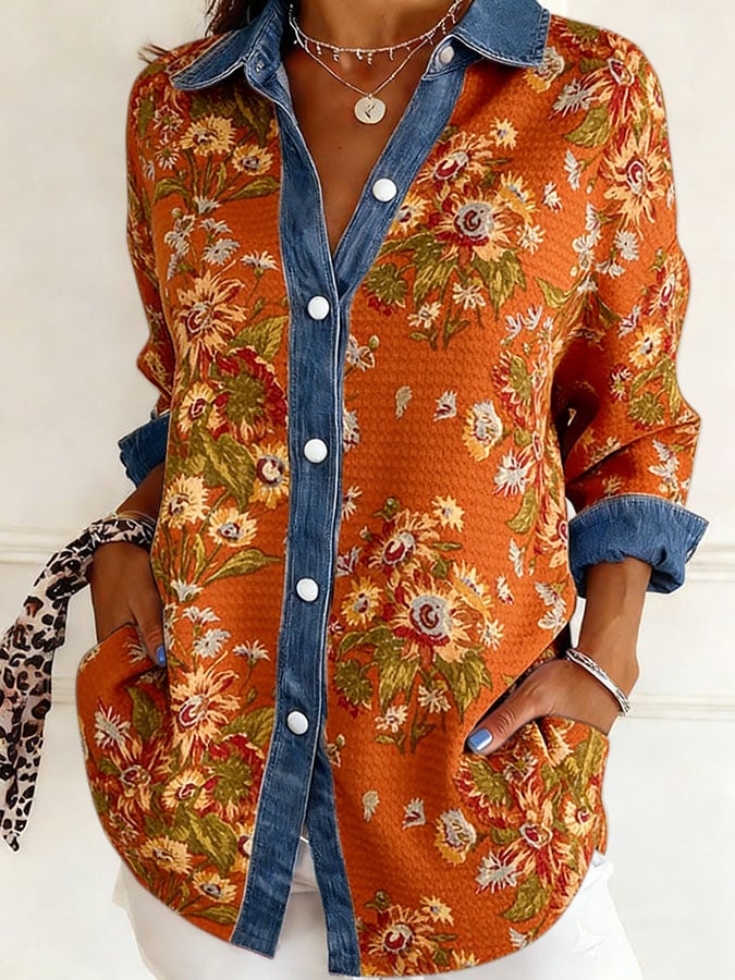 Women's Retro Floral Print Lapel Waffle Knit Shirt