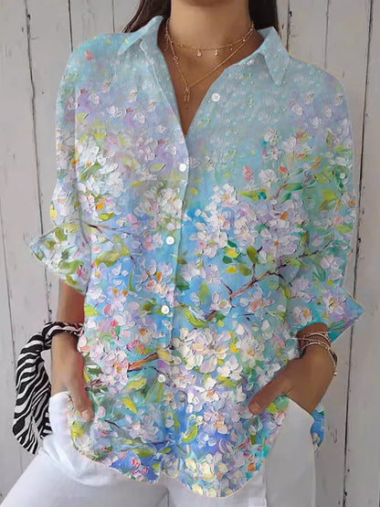 Women's Casual Floral Art Cotton And Linen Shirt
