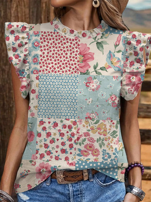 Women's Vintage Floral And Botanical Print Patchwork Art Shirt