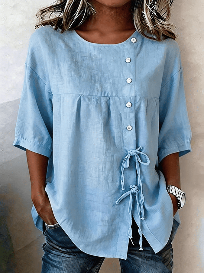 Women'S Casual Solid Color Tie-Waist Shirt