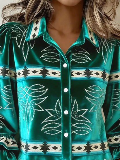 Women'S Casual Lapel Printed Velvet Shirt
