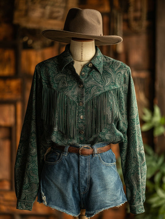 Women's Western Vintage Tassel Floral Print Western Long Sleeve Shirt