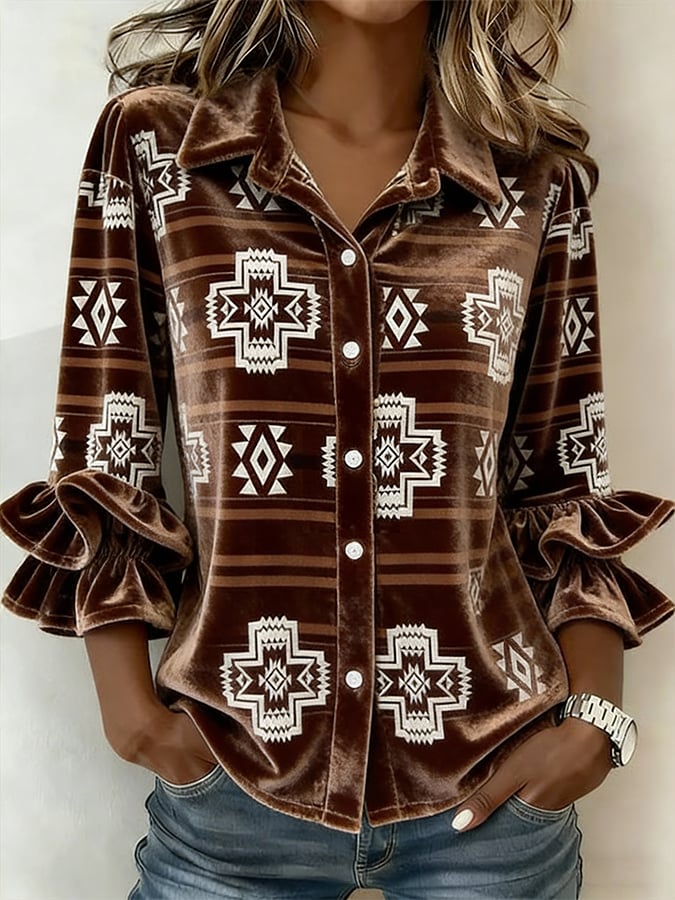 Women'S Casual Lapel Printed Velvet Shirt