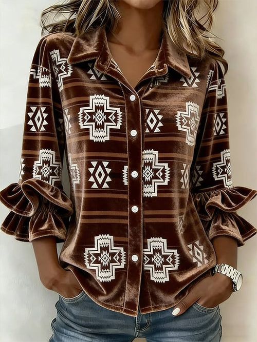 Women'S Casual Lapel Printed Velvet Shirt