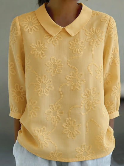 Romantic Floral Embroidered Peter Pan Collar Shirt Blouse