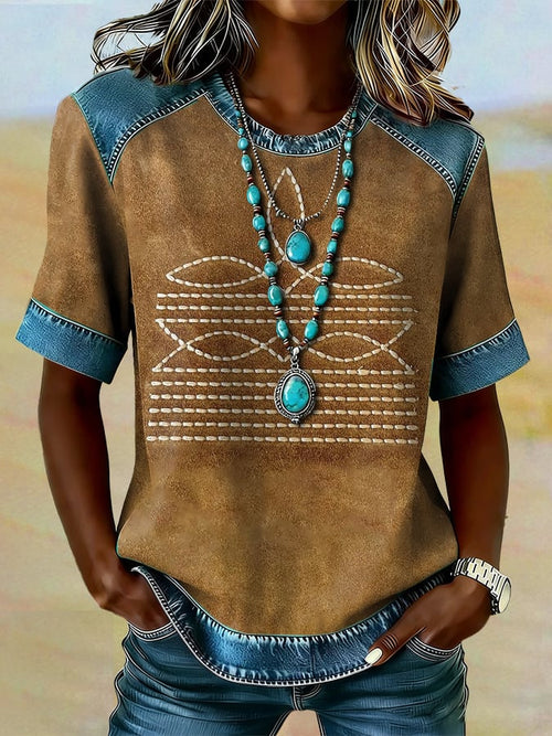 Women's casual retro Western geometric T-shirt