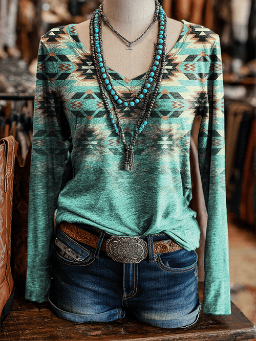 Women's Retro Western Print V-Neck Long Sleeve T-Shirt