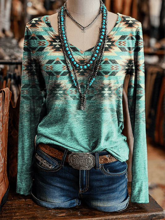 Women's Retro Western Print V-Neck Long Sleeve T-Shirt