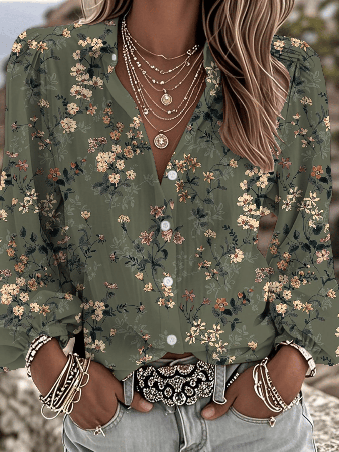 Women's Vintage Western Floral Print Lapel Shirt