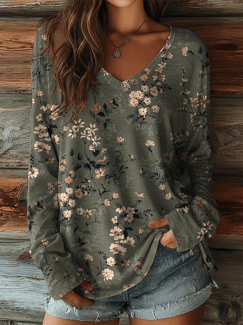 Women's Retro Western Print V-Neck Long Sleeve T-Shirt