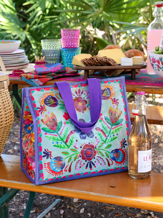 Insulated Cooler Tote - Dusty Blue Folk Flower