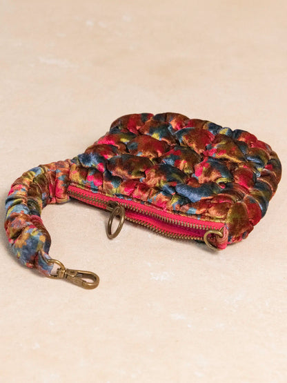 Puffy Velvet Mini Clip-On Pouch - Teal Pink Floral Velvet