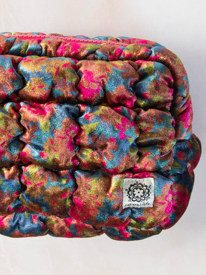 Dana Velvet Puffy Pouch - Teal Pink Floral