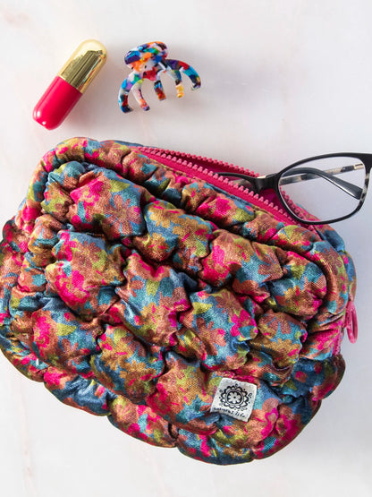 Dana Velvet Puffy Pouch - Teal Pink Floral