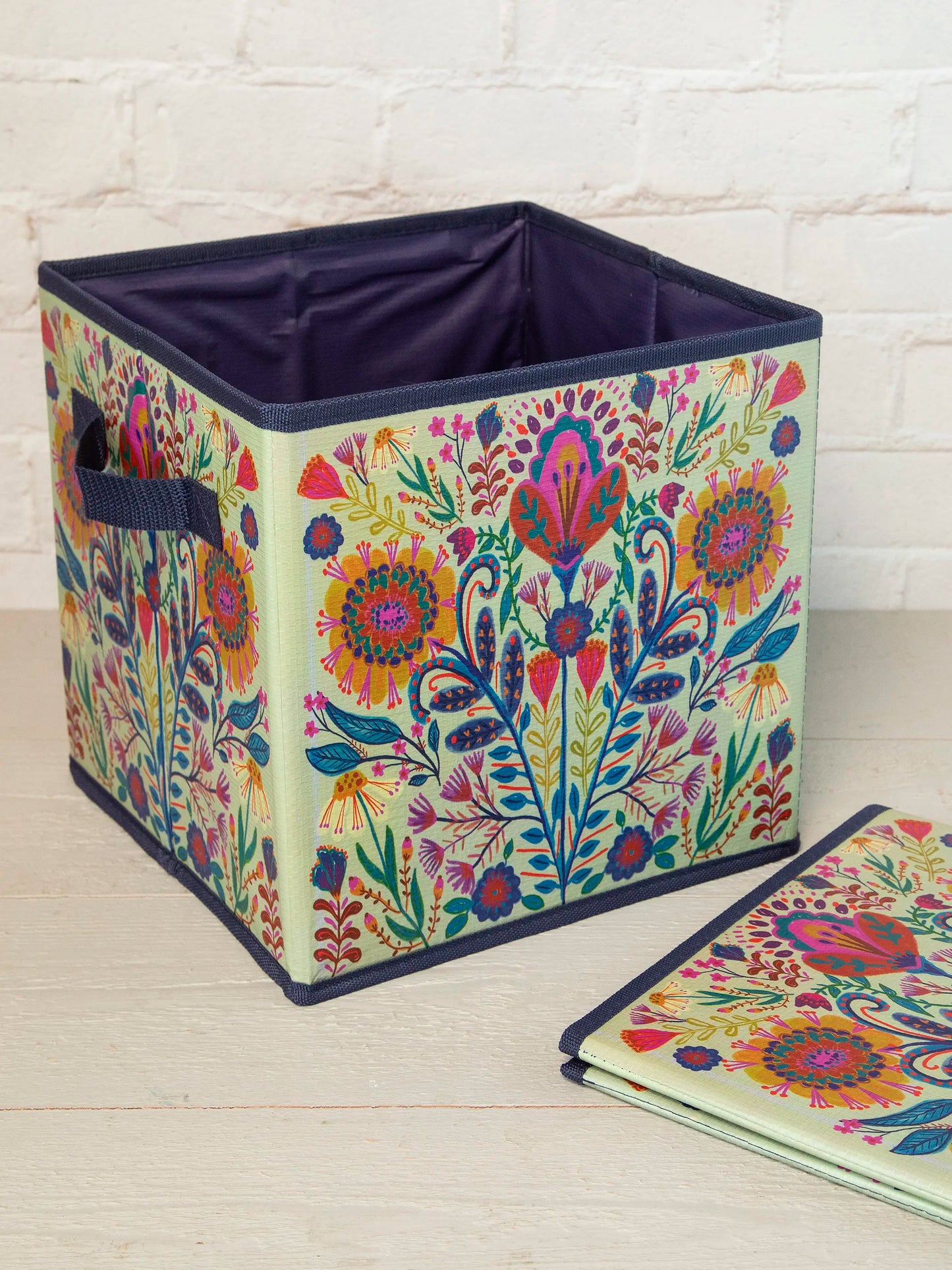 Collapsible Storage Cubes, Set of 2 - Cream Folk Flower