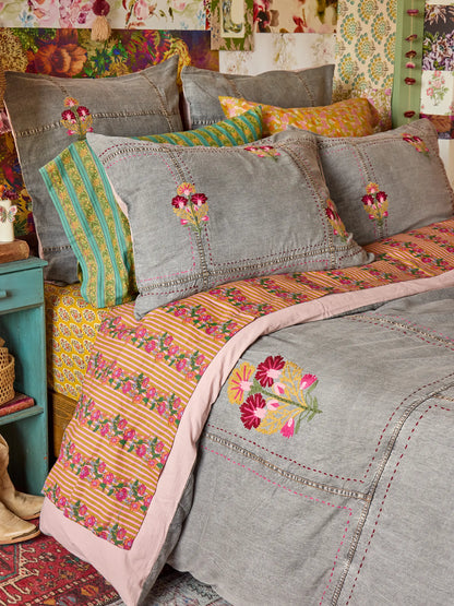 Embroidered Denim Duvet Cover - Light Grey
