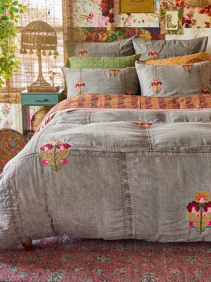 Embroidered Denim Euro Sham - Light Grey