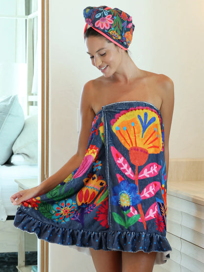 Towel Wrap - Navy Folk Flower