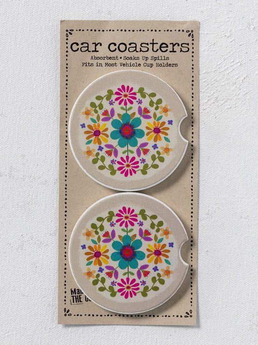 Car Coasters, Set of 2 - Cream Folk Flower