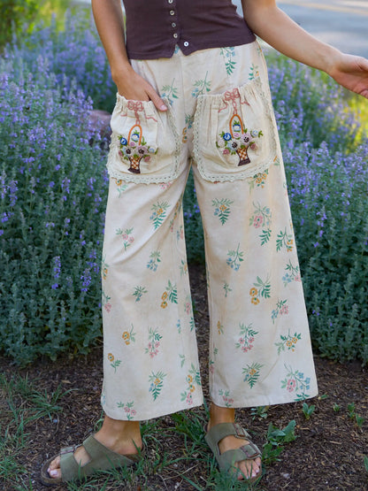 Brimfield Embroidered Cotton Pants - Cream Posies