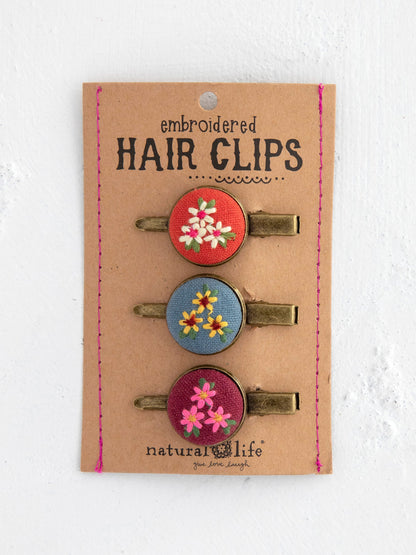 Embroidered Button Hair Clips, Set of 3
