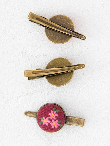 Embroidered Button Hair Clips, Set of 3