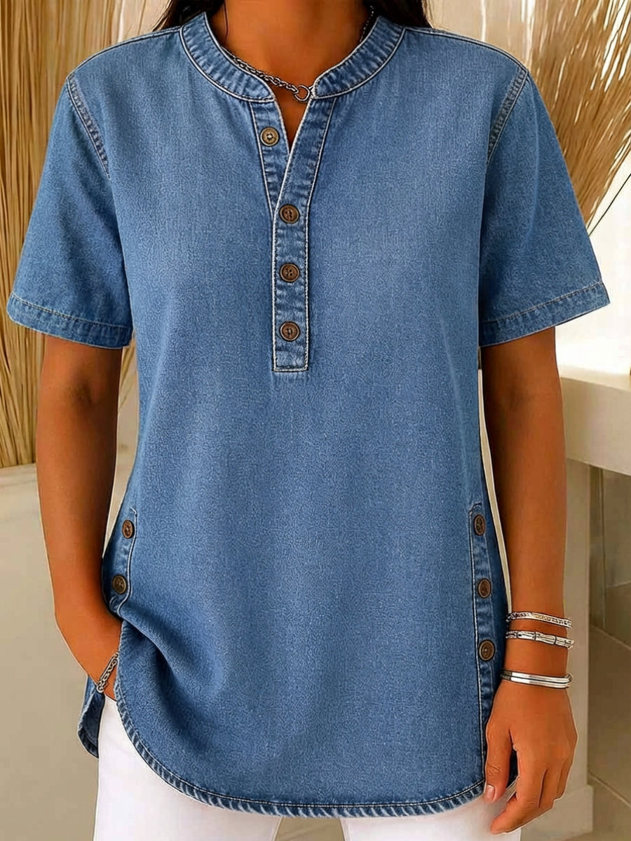 Women's Loose Denim Top - V Neck Short Sleeve Casual Button Up Cotton Blouse