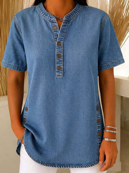 Women's Loose Denim Top - V Neck Short Sleeve Casual Button Up Cotton Blouse