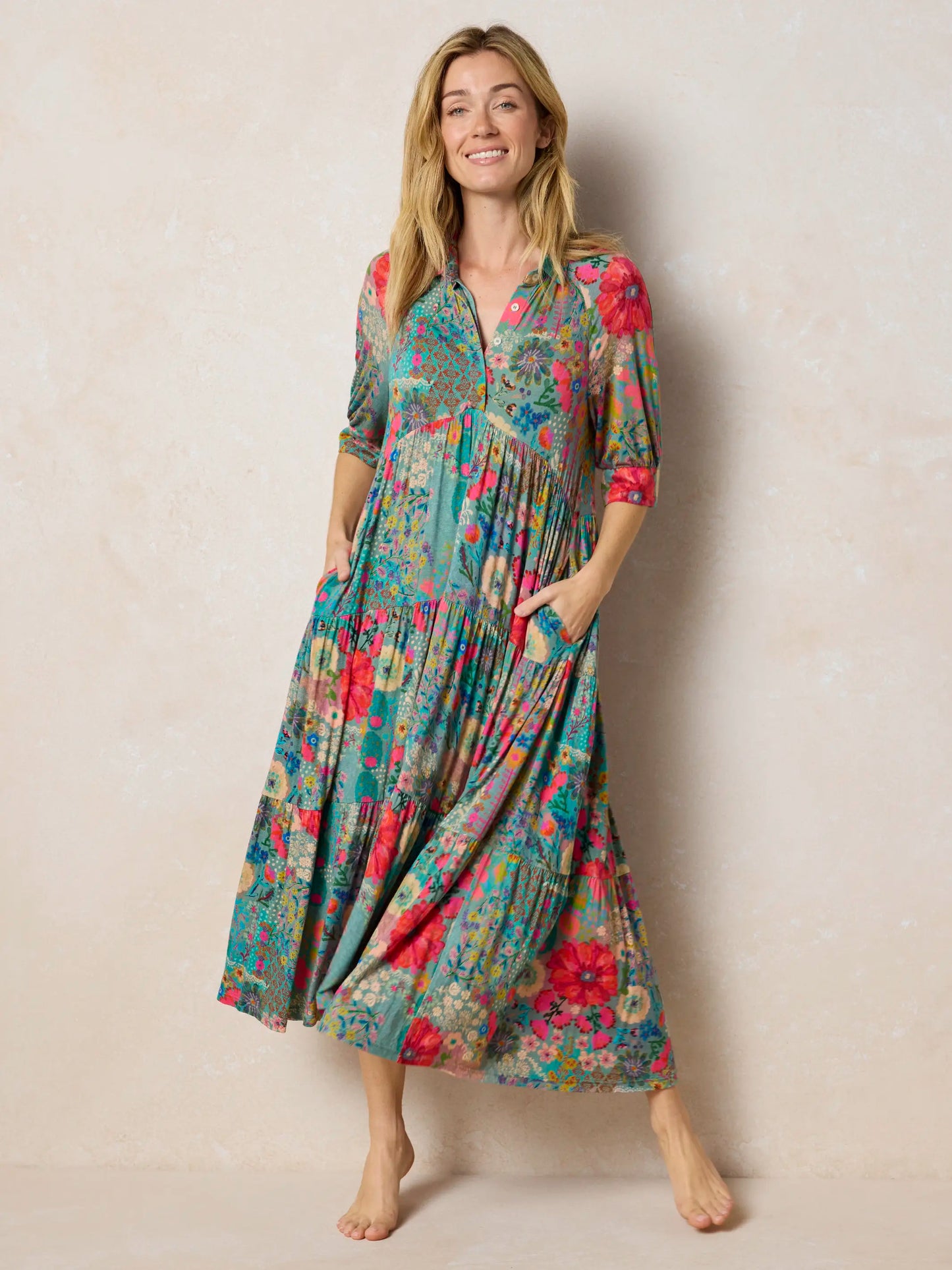 Rebecca "ButterSoft" Midi Dress - Blue Garden Patchwork
