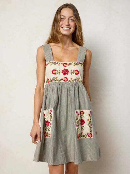 Tricia Embroidered Cotton Mini Dress - Ticking Stripe Navy