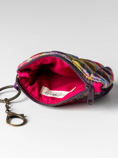 Mini Velvet Puffy Coin Purse Key Clip - Dark Floral Garden