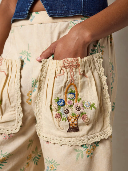 Brimfield Embroidered Cotton Pants - Cream Posies