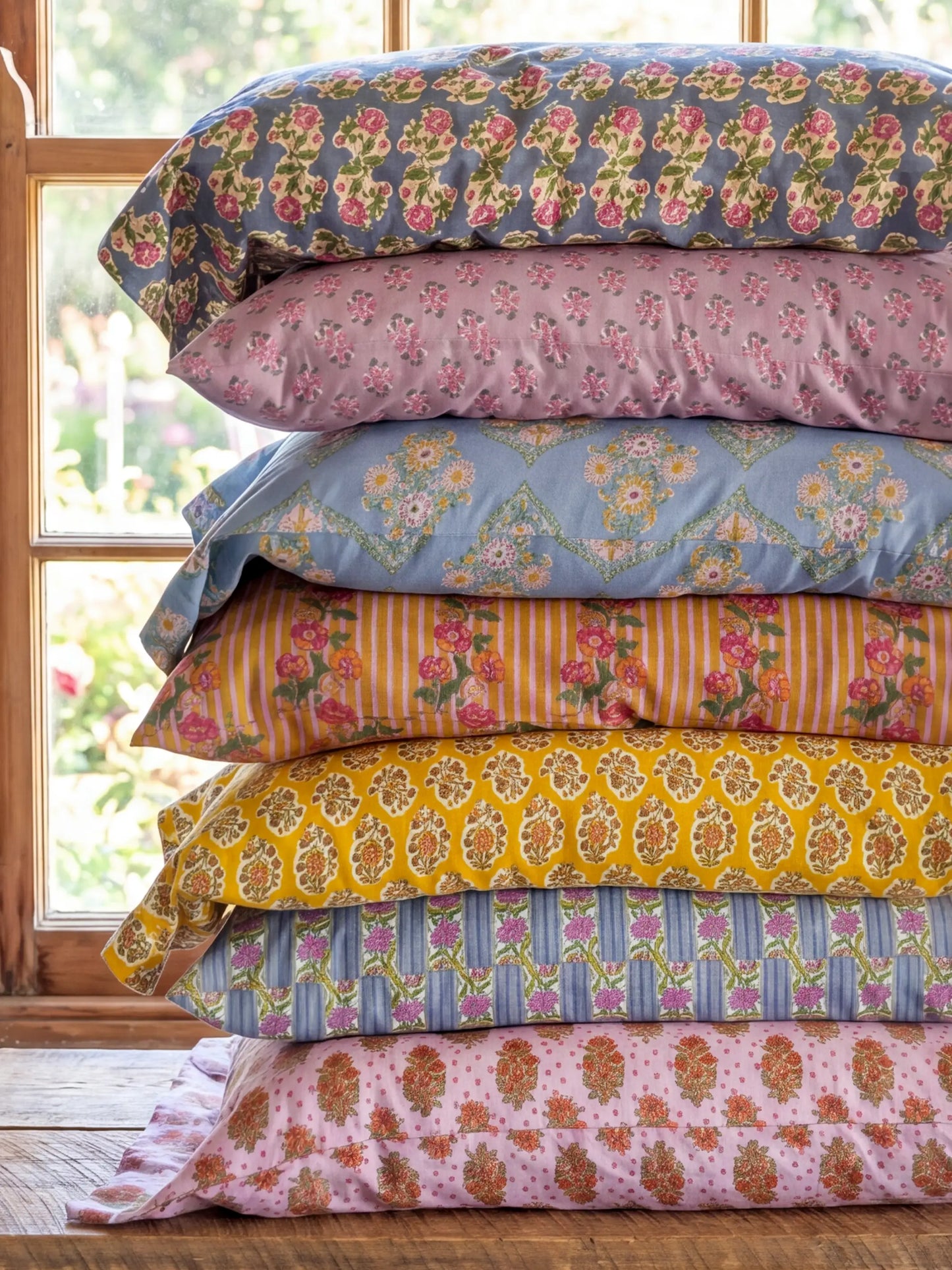 Mix & Match Cotton Pillowcase, Single - Blue Floral Stripe