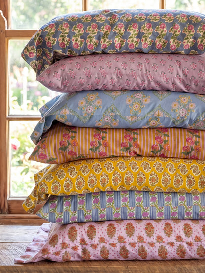 Mix & Match Cotton Pillowcase, Single - Blue Floral Stripe