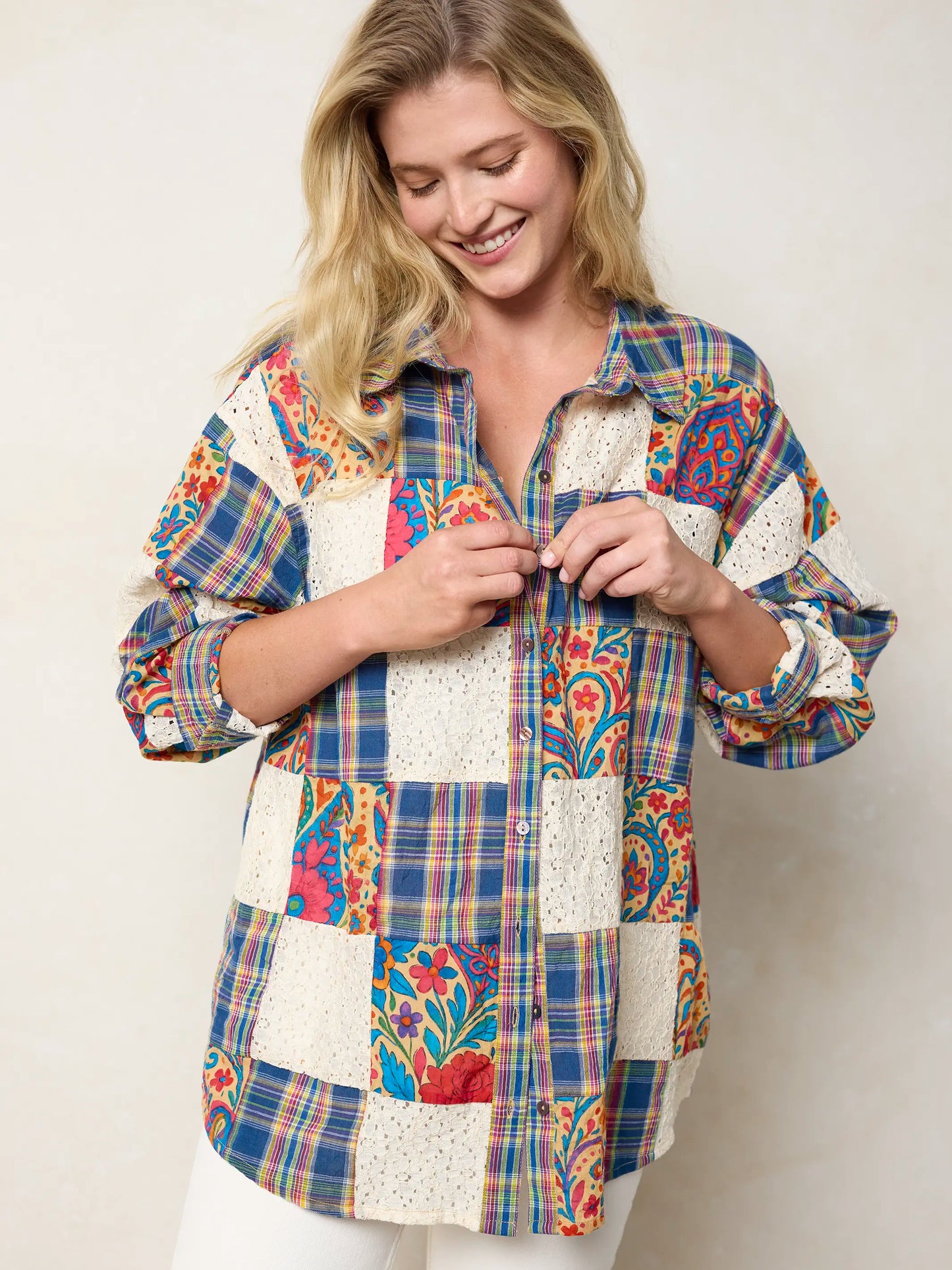 Barcelona Patchwork Button Down - Plaid Blue Fuchsia