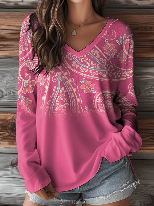 Women's Vintage Western Paisley Print V-Neck Long Sleeve T-Shirt