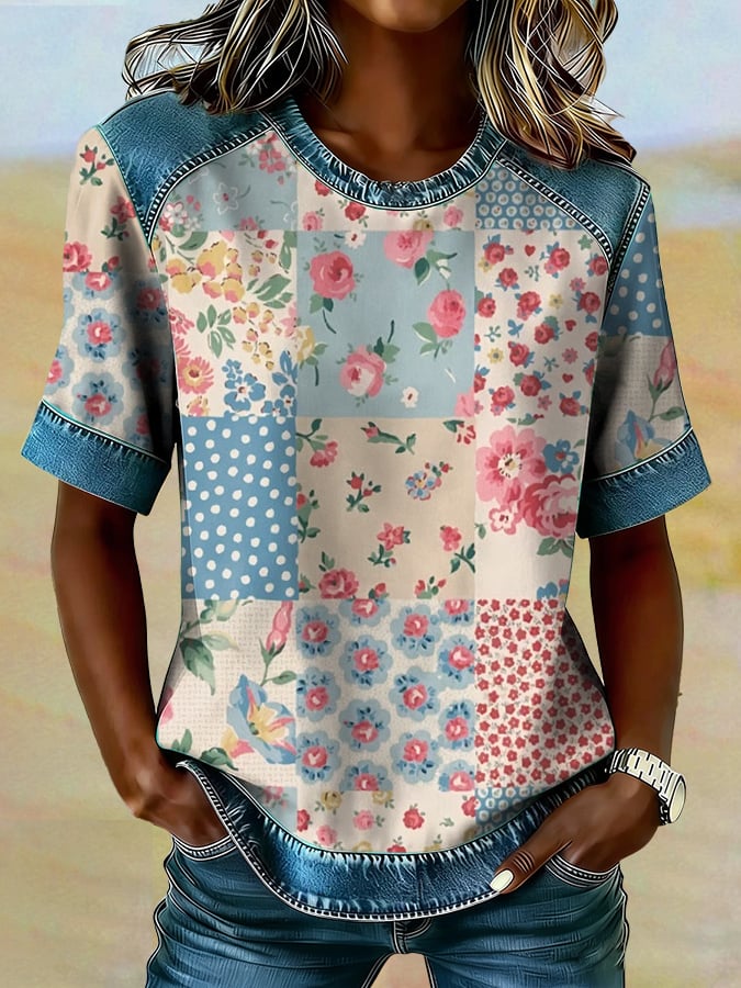Women's casual retro Western floral T-shirt