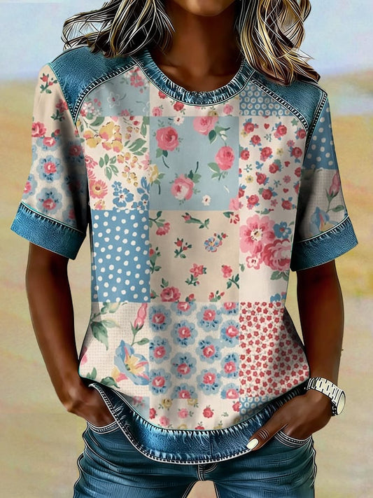 Women's casual retro Western floral T-shirt