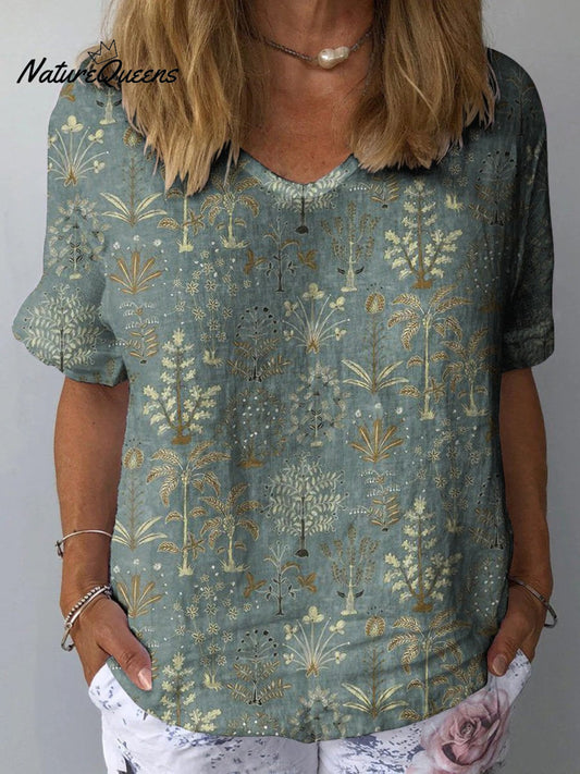 Woodland Vegetation Pattern Printed Women's Casual Cotton And Linen Shirt